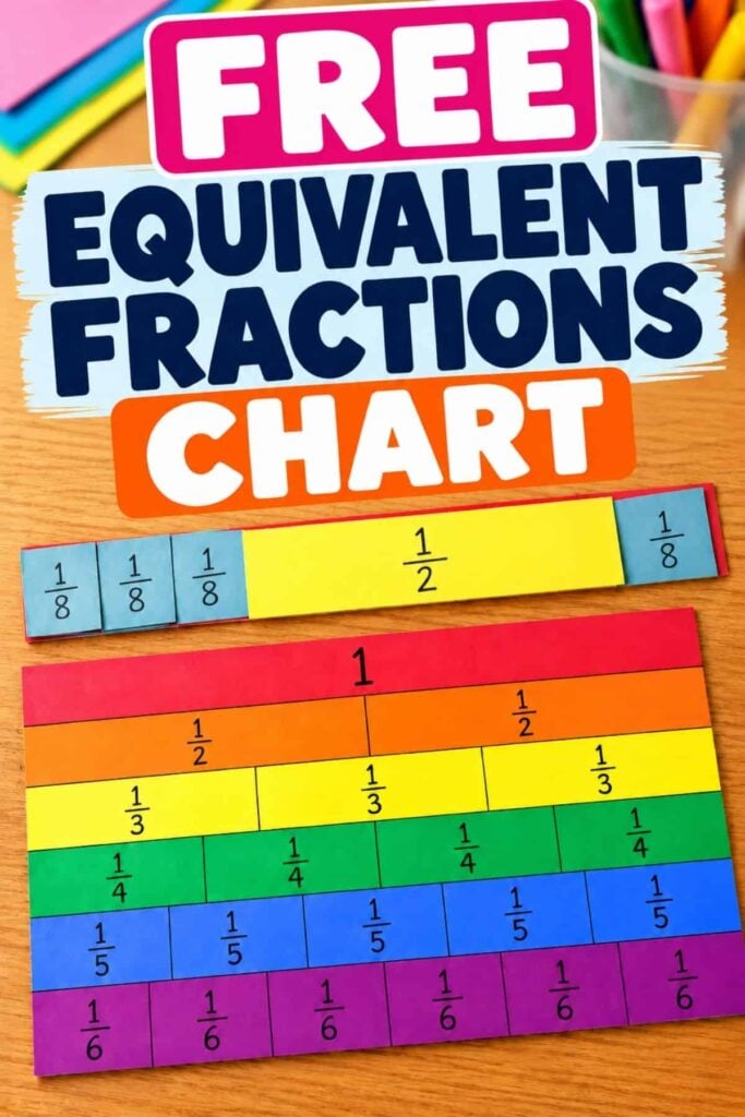 Free Equivalent Fractions Chart (Printable for Elementary Students) 1 Free equivalent fractions chart (2) displaying horizontal, color-coded bars that show the relationships between halves, thirds, fourths, fifths, and sixths.