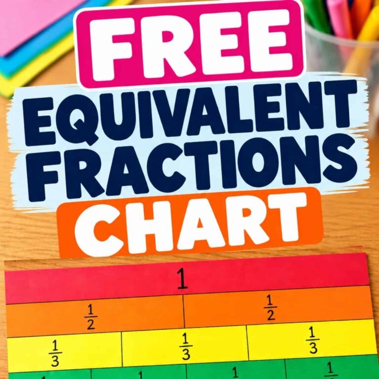 A free equivalent fractions chart featuring color-coded horizontal bars representing fractions, with the text FREE EQUIVALENT FRACTIONS CHART printed above.