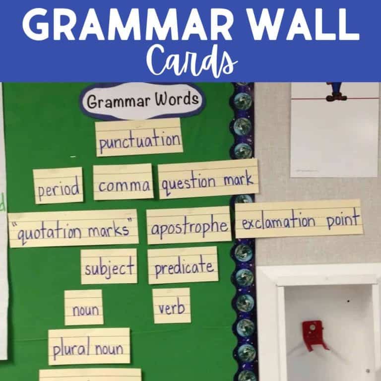 A classroom bulletin board titled Grammar Wall Cards displays labeled cards with grammar terms like punctuation, period, comma, question mark, noun, verb, subject, predicate, and more on a green background.