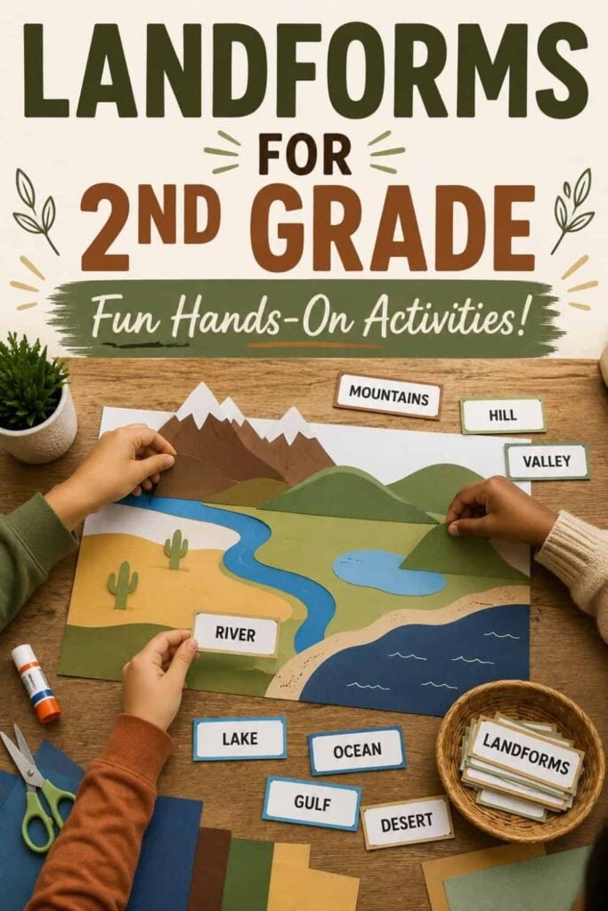 Teaching Landforms in 2nd Grade: Activities, Crafts, and Resources 1 Two children arrange labeled landform cards on a colorful scene. Text: Landform Activities for 2nd Grade. Fun, hands-on learning of landforms and bodies of water! Scissors, glue, and plants are on the table.