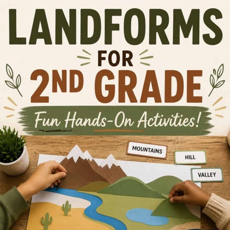 A child arranges mountain, hill, and valley cutouts on a landform map under the heading "Landforms 2nd Grade." Decorative leaves frame the title—ideal for engaging landform activities in second grade.