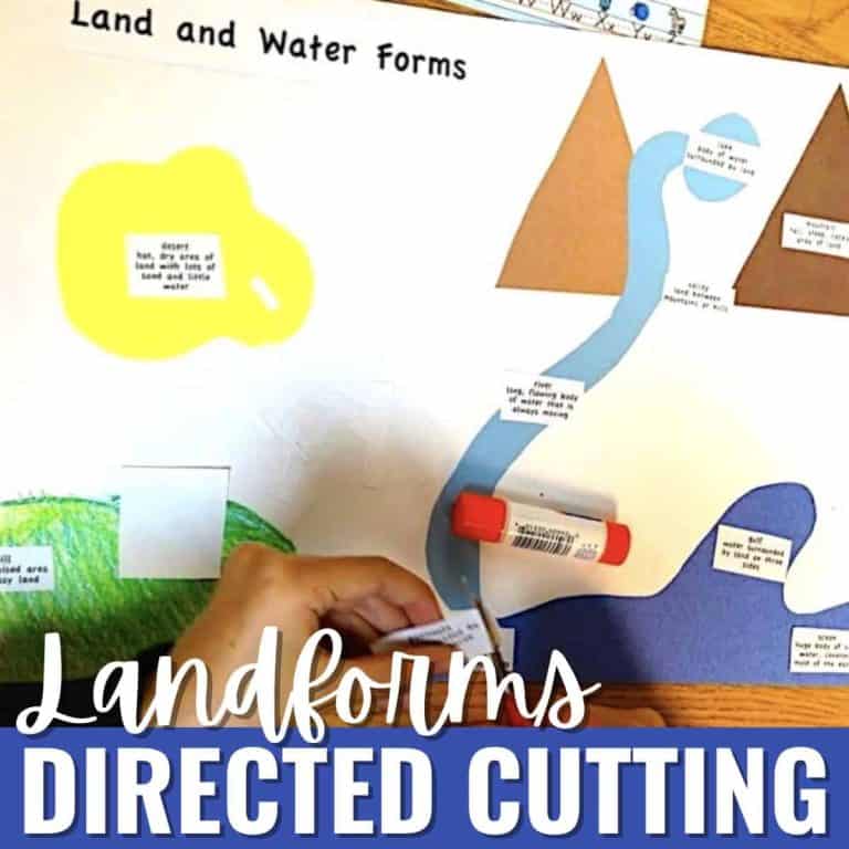 A hand glues a paper label onto a landforms project, featuring cut-out shapes of a river, mountains, and desert. Text labels and the words Landforms Directed Cutting appear at the bottom.
