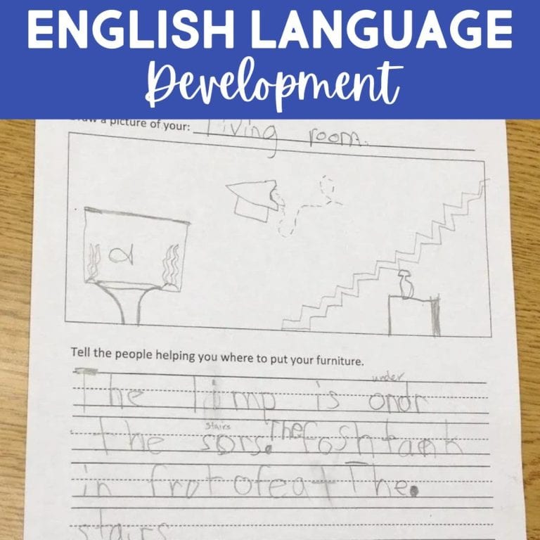 A worksheet labeled English Language Development focuses on teaching prepositions, featuring a child's drawing of a living room with a lamp, stairs, and a sofa, along with handwritten sentences describing furniture placement.