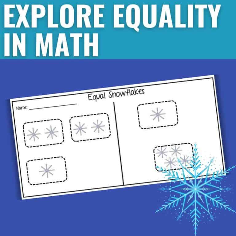 A worksheet titled Equal Snowflakes features boxes for drawing or placing snowflakes, set against a blue background with a large illustrated snowflake and the text Explore Equality in Math at the top—perfect for an engaging equality sorting activity.