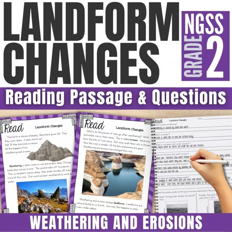 Teaching Landforms in 2nd Grade: Activities, Crafts, and Resources 5 Second grade image cover titled Landform Changes, with reading passages and questions on weathering, erosion, landforms, and bodies of water; includes sample pages and a hand holding a pencil.