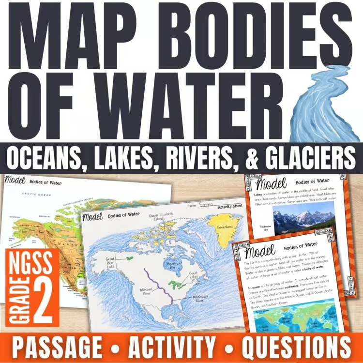 Teaching Landforms in 2nd Grade: Activities, Crafts, and Resources 3 Grade 2 educational resource cover for "image" on landforms and bodies of water with text, map, reading passage, activity sheets about oceans, lakes, rivers, glaciers; includes NGSS label and changing landform images for 2nd grade.