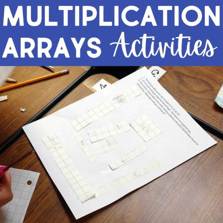 A worksheet with grid pieces arranged on a desk for engaging Multiplication Array Activities. MULTIPLICATION ARRAYS Activities is written at the top in bold white and script fonts on a blue background.