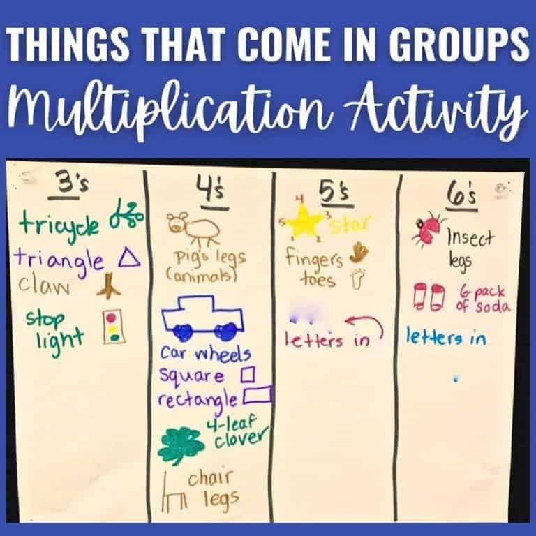 A classroom chart titled Multiplication Activity lists things that come in groups or sets of 3, 4, 5, and 6—like tricycles, pig legs, stars, and insect legs—with simple drawings and colorful markers.