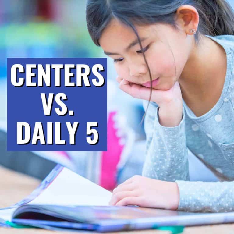 A young girl lies on the floor reading a book. Next to her, a blue box displays "Centers vs. Daily 5" in white text, highlighting the comparison. The softly blurred background creates a calm and focused atmosphere.