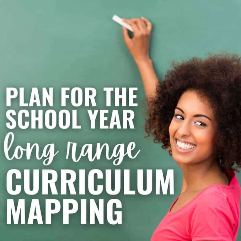 Smiling woman with curly hair stands in front of a chalkboard, holding chalk. Text on the image reads: Plan for the school year. Curriculum Mapping for Second Grade Math. Long range curriculum mapping.