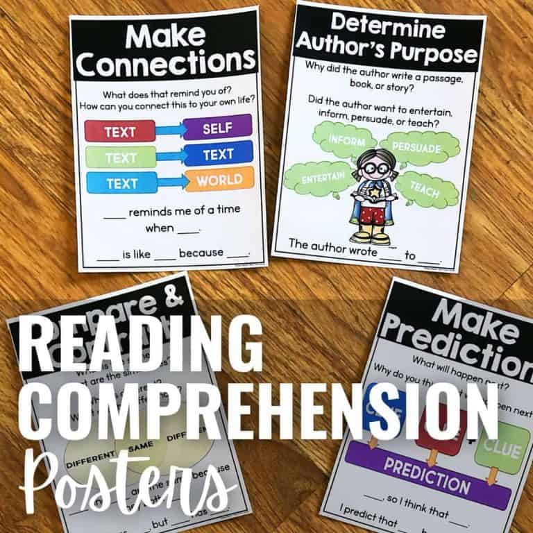 Four Reading Comprehension Posters on a wooden surface, each focused on strategies like making connections, determining author’s purpose, and making predictions, with engaging text and colorful graphics. "Reading Comprehension Posters" is overlaid.