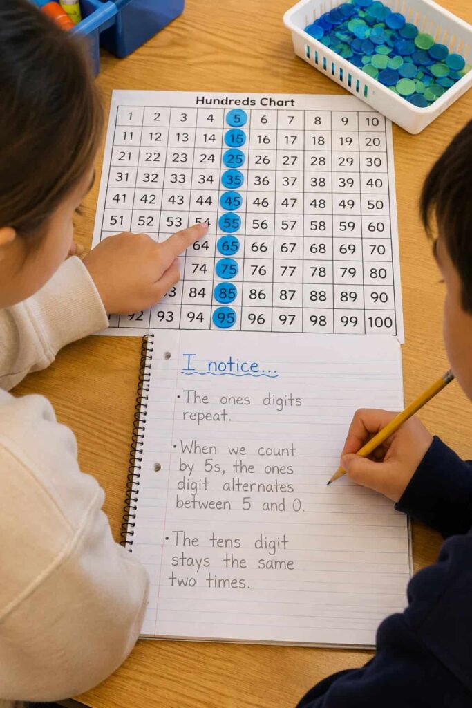 Using the Generations in Math Example 2 set, two children explore a hundreds chart—one points to the number 65 while the other records math observations and generalizations in a notebook. Counters and a blue basket accompany their work on the table.