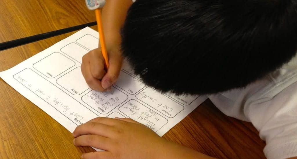 Narrative Graphic Organizer Example for Small Moment Writing 8 A student completing a narrative graphic organizer during a personal narrative prewriting activity.