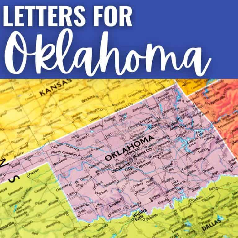 A map highlights the state of Oklahoma in pink with surrounding states labeled; text above reads Letters for Oklahoma on a blue background.