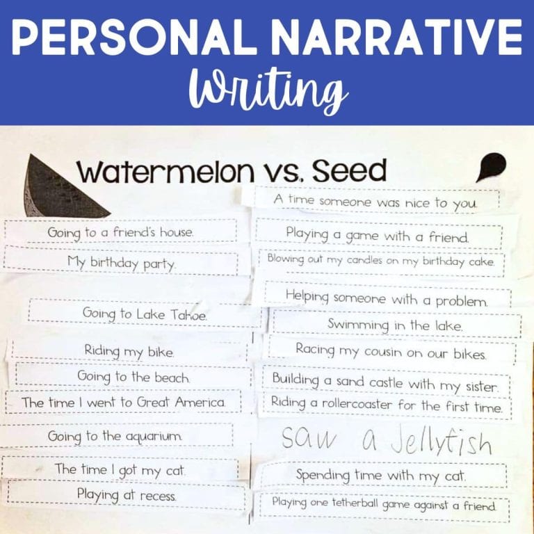 A classroom chart titled Watermelon vs. Seed shows examples of broad topics (watermelon) like My birthday party and specific moments (seed) like Blowing out my candles—perfect for Narrative Prewriting or brainstorming Watermelon vs. Seed Ideas.