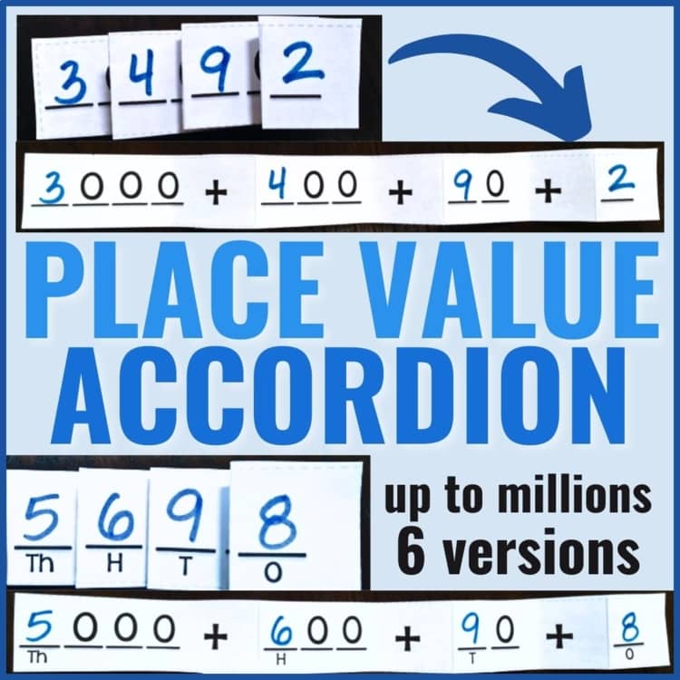 Place Value Accordion: A Hands-On Way to Teach Standard and Expanded Form 5 Place Value Accordion math activity examples, illustrating expanded form (e.g., 3,492 as 3,000 + 400 + 90 + 2). Text: "Place Value Accordion—up to millions, available in 6 versions.