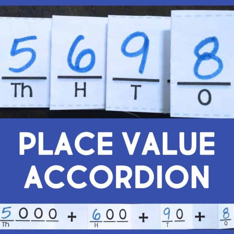 Four cards labeled Th, H, T, and O display the digits 5, 6, 9, and 8. Below is text reading Place Value Accordion alongside the expanded form: 5,000 + 600 + 90 + 8.