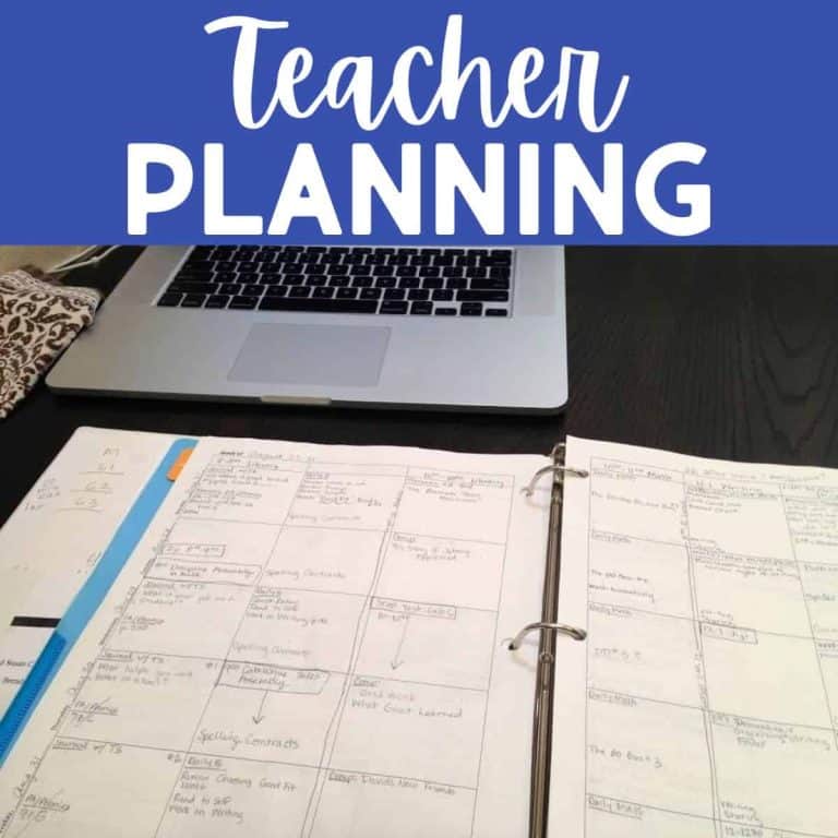 Open binder with handwritten lesson plans on a table, next to a closed laptop. Text above reads Plan Your Lessons: Teacher Planning in white and blue.