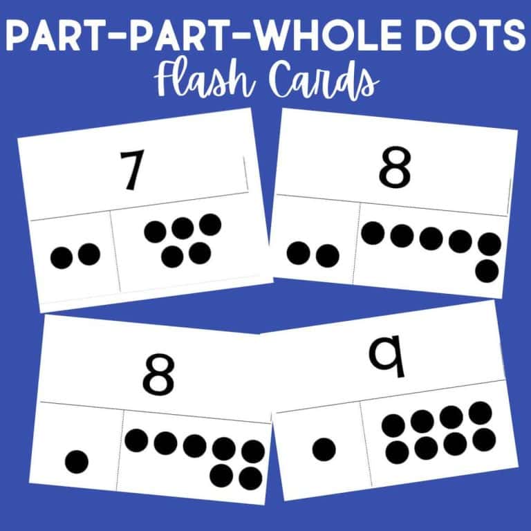 Four Part-Part-Whole Dot Flash Cards display the numbers 7, 8, and 9 with matching dot patterns on a blue background, titled Part-Part-Whole Dots Flash Cards at the top for easy recognition.