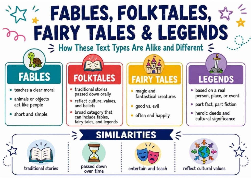 Fable vs Folktale vs Fairy Tale vs Legend: Key Differences 2 The Fables Folktales Fairtales Legends Infographic (1) uses icons to explain each story type, compares folktale vs. fable, and lists similarities: traditional tales shared over time that entertain, teach lessons, and reflect culture.