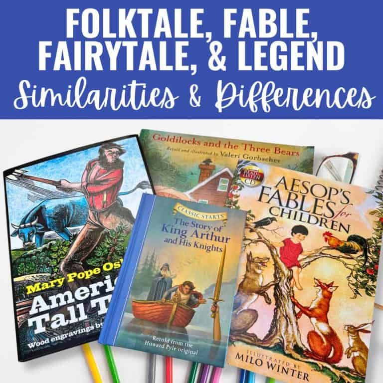 Four books—“American Tall Tales,” “Goldilocks and the Three Bears,” “The Story of King Arthur and His Knights,” and “Aesop’s Fables for Children”—are arranged on a table under a sign exploring Folktale vs. Fable, fairytales, and legends.