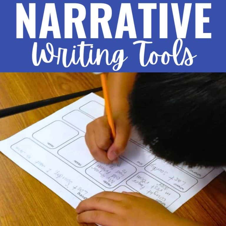 A child writes with a pencil on a worksheet with boxes at a wooden desk. The top of the image features bold text that reads “Narrative Writing Tools,” highlighting resources for young writers.