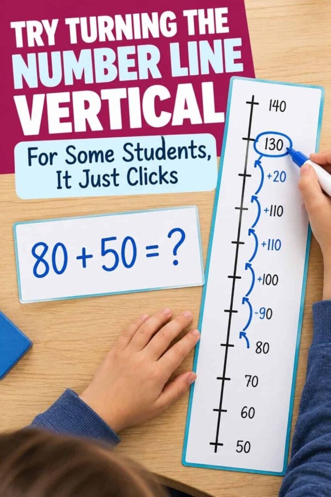 Vertical Number Line: Free Printable for the Elementary Classroom 1 Try a Vertical Number Line: A student solves 80 + 50 by marking jumps from 80 up to 130 in increments of 10 and 20 on a vertical number line. Text reads: Try turning the number line vertical. For some students, using a vertical number line just clicks.