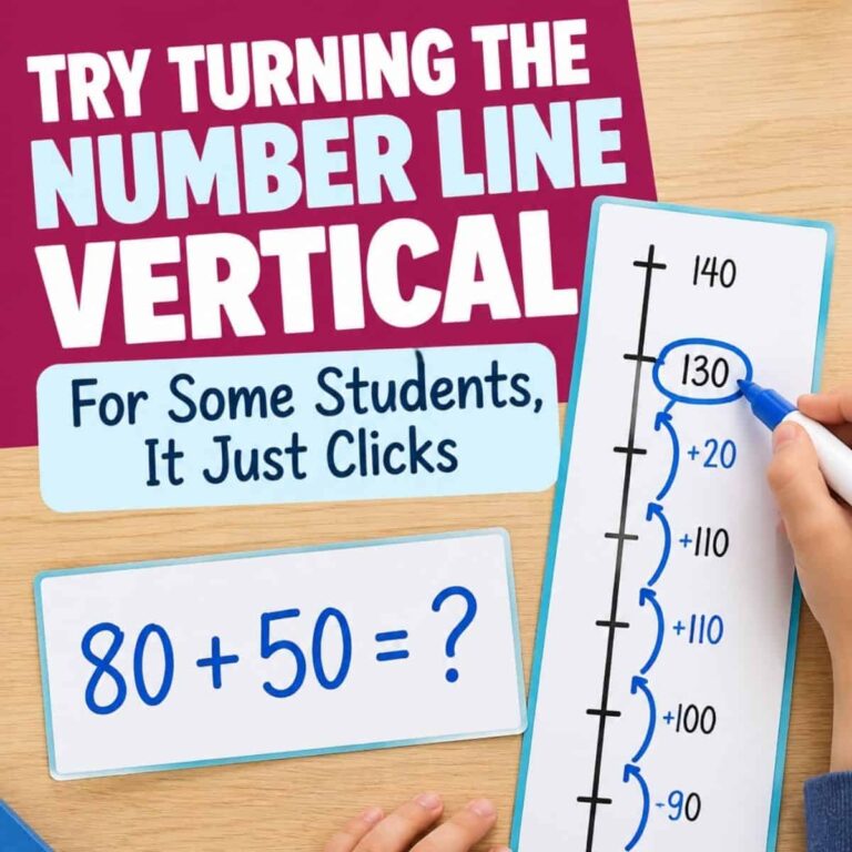 A hand writes on the Vertical Number Line, which shows increments of 20 from 50 to 140. Text reads: Try the Vertical Number Line! For some students, thinking vertically just clicks. What is 80 + 50?.