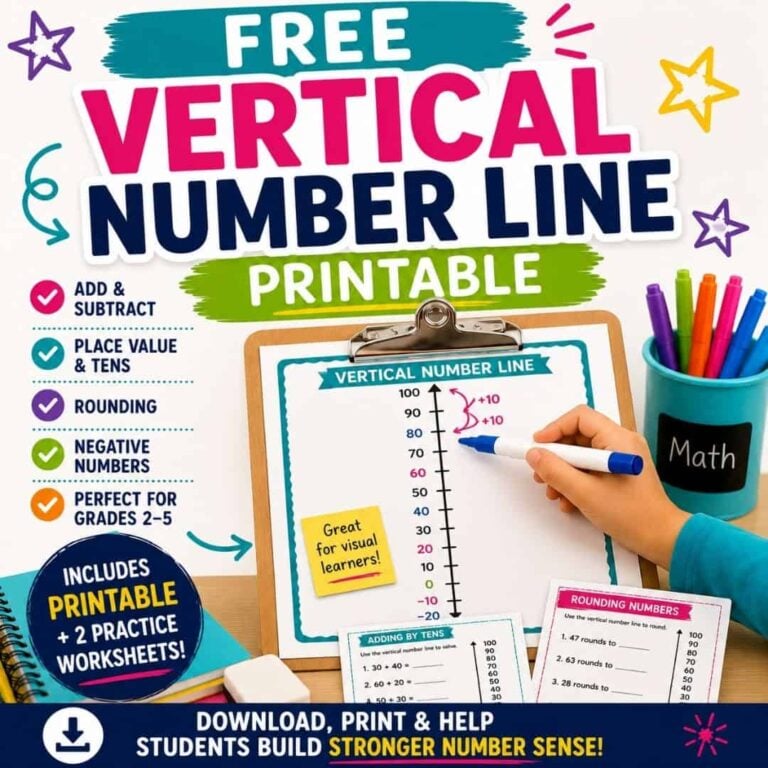 A hand writes on a Vertical Number Line SQ worksheet attached to a clipboard. Colorful graphics and school supplies surround text highlighting this free printable for grades 2–5, with math skills and vertical number line worksheets included.