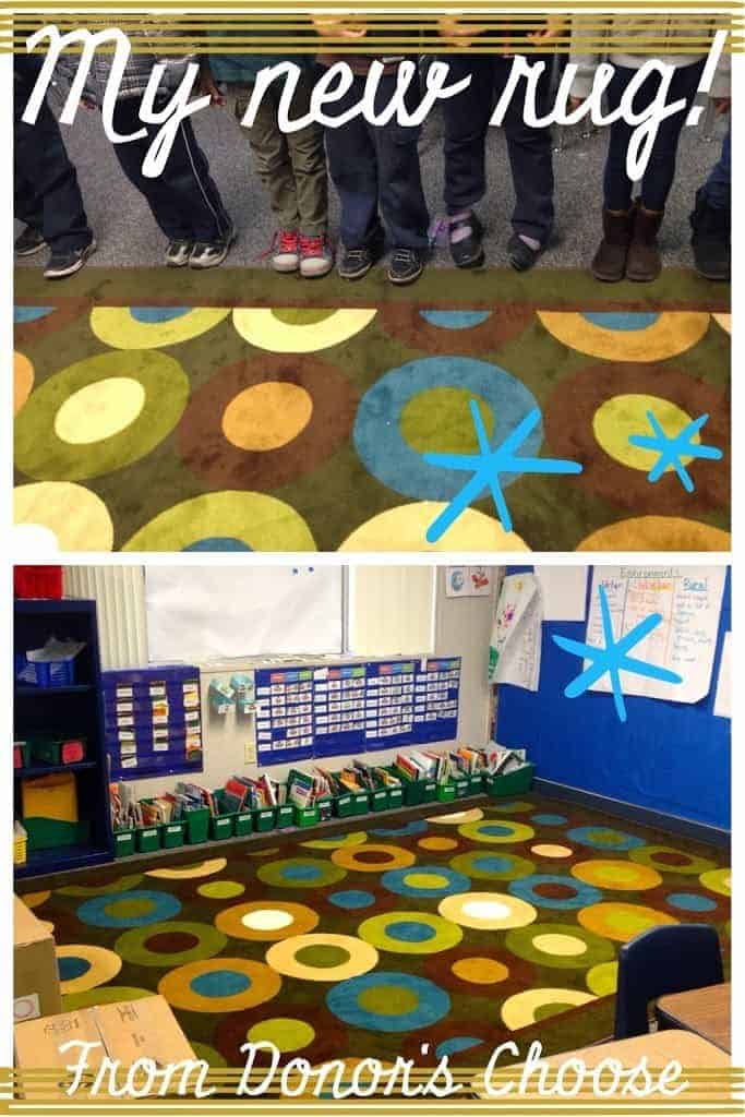 A vibrant new carpet with large blue, green, and yellow circles is shown first with students around it, then in a classroom. Text reads "My new carpet!" and "From DonorsChoose.