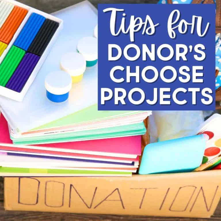 A box labeled DONATION holds school supplies like colorful clay, paint, notebooks, folders, and markers. A blue sign on top reads, Tips for Donor's Choose Projects.