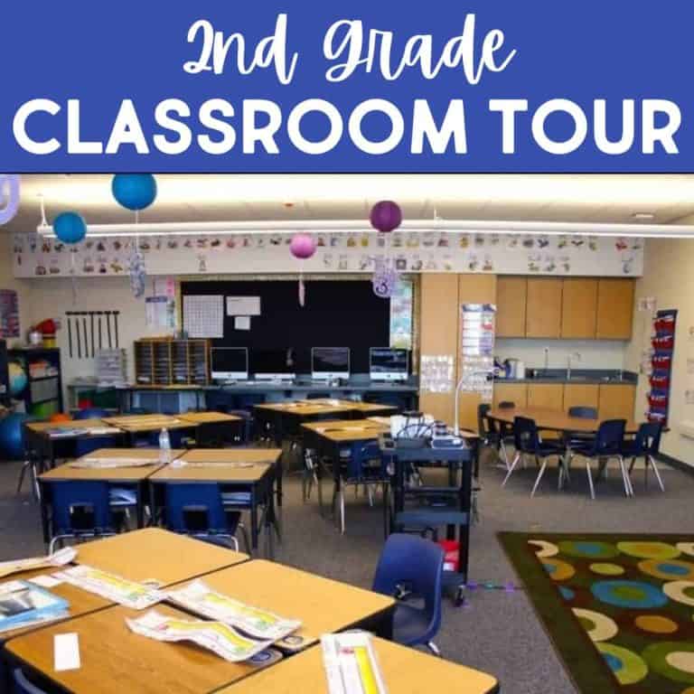 A bright brand new classroom for 2nd grade with desks in groups, a colorful rug, blue chairs, hanging decorations, computers along one wall, and cabinets in the back. Text at the top reads 2nd Grade Classroom Tour.