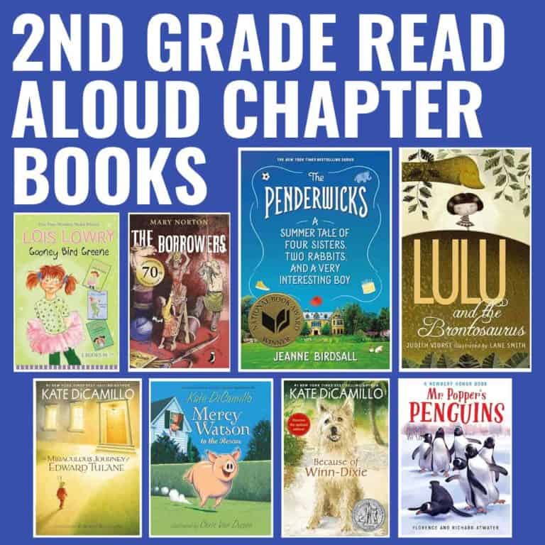 A collage of eight Read Aloud Chapter Books for Second Graders, featuring favorites like Goonie Bird Greene, The Borrowers, The Penderwicks, Lulu and the Brontosaurus, two Kate DiCamillo picks, Because of Winn-Dixie, and Mr. Popper’s Penguins.