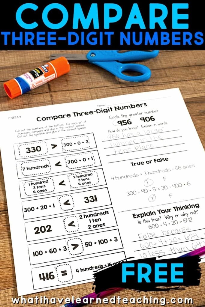 Cut and Paste Math Activities for 2nd Grade: Self-Checking 1 A worksheet titled Compare Three-Digit Numbers FREE sits on a desk along with a glue stick, scissors, and a pencil. This engaging cut and paste math activity for second grade helps students compare three-digit numbers, answer true or false questions, and explain their math thinking. The word FREE appears at the bottom.