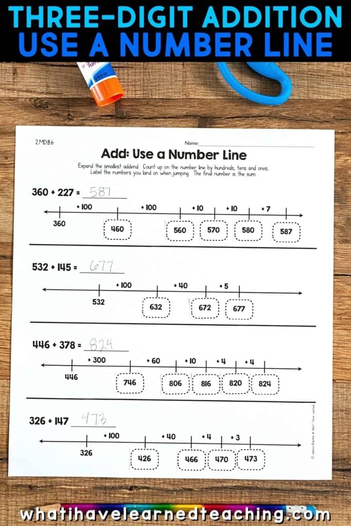 Cut and Paste Math Activities for 2nd Grade: Self-Checking 6 Certainly! Here’s the revised sentence using your product data: A worksheet titled Three Digit Use a Number Line features examples of three-digit addition with number lines, making it ideal for cut and paste math activities in second grade. School supplies, such as glue and scissors, are shown at the top.