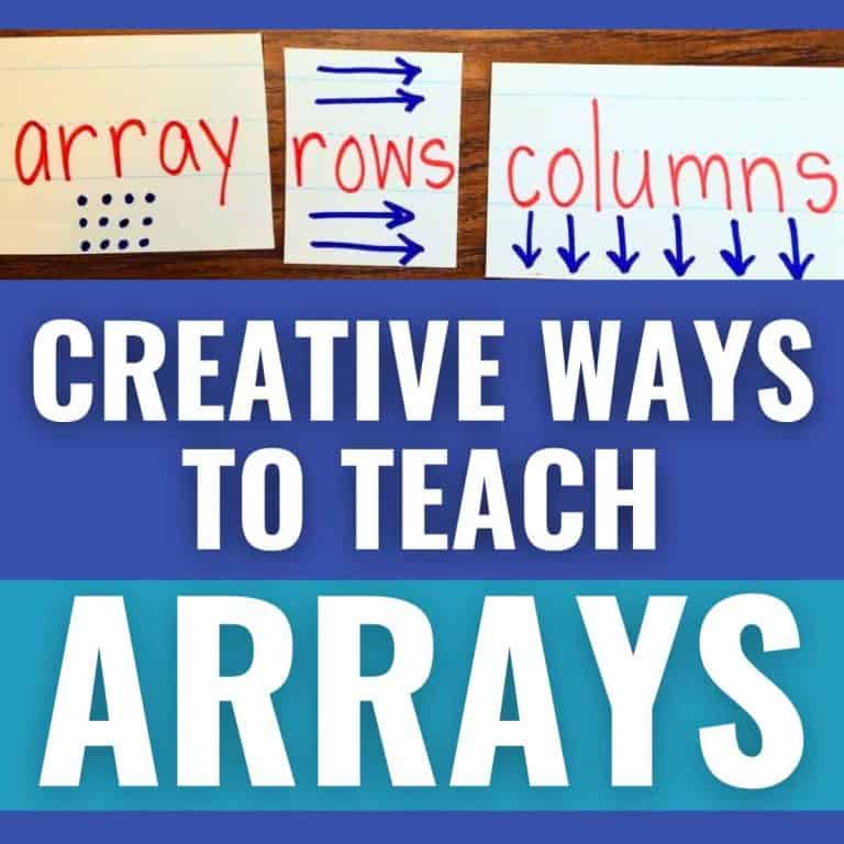 Three cards illustrate multiplication arrays using handwritten words, dots, and arrows. Below, bold white text on blue says, Creative ways to teach array in math multiplication with arrays in rows and columns.