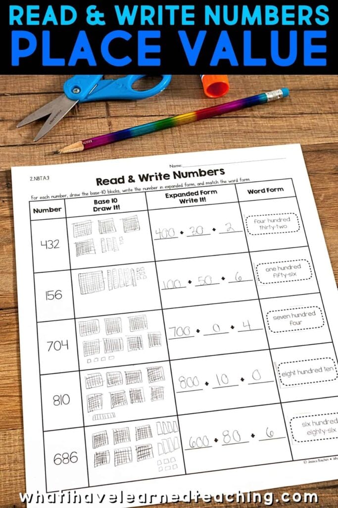 Cut and Paste Math Activities for 2nd Grade: Self-Checking 7 A place value worksheet is shown on a desk with colored pencils and scissors. Titled “Read & Write Numbers—Place Value,” it features cut-and-paste math activities for second grade, including exercises for writing numbers in base ten, expanded, and word forms, with student answers already filled in.
