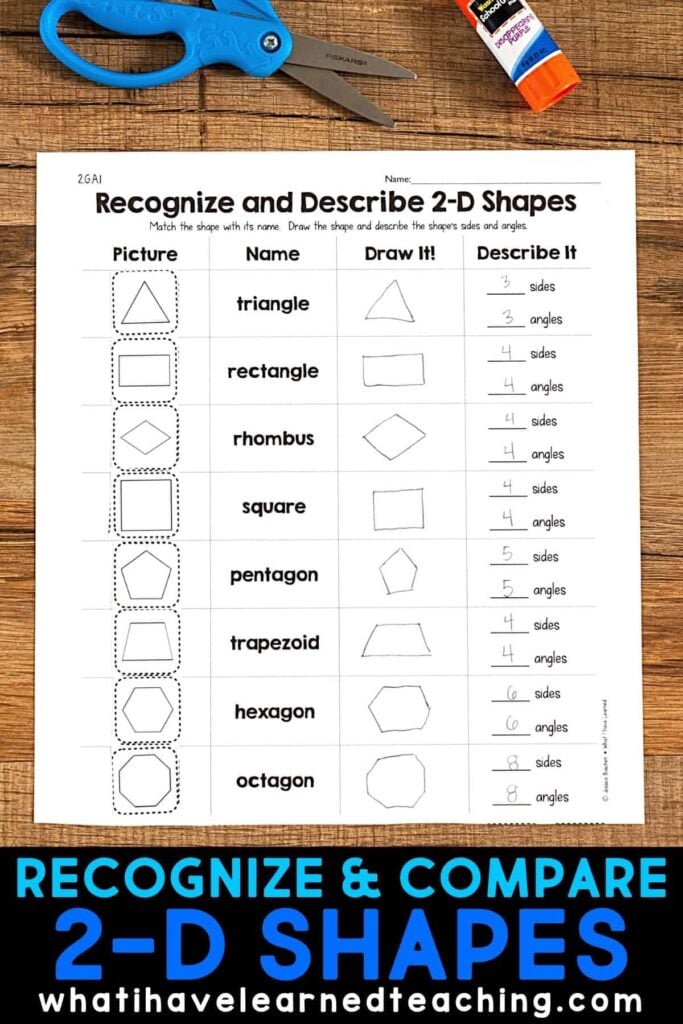 Cut and Paste Math Activities for 2nd Grade: Self-Checking 8 The “Recognize and Describe 2D Shapes” worksheet features shapes such as triangle, rectangle, rhombus, square, pentagon, trapezoid, hexagon, and octagon—ideal for cut-and-paste math activities in second grade. It includes columns for a picture of each shape, its name, an area to draw it, and space to describe the number of sides and angles. Scissors and a glue stick are included to encourage hands-on learning fun.