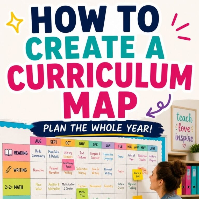 A woman points to a colorful curriculum map labeled "Free Yearly Planning Template," organized by month and subjects like reading, writing, and math—perfect for teachers planning the whole year.