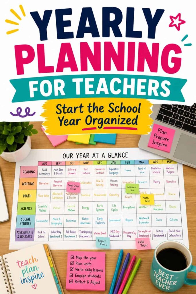 Bright Yearly Planning Template poster for teachers features a yearly lesson plan layout with sticky notes, planner, pens, and a "Best Teacher Ever" mug on a desk—perfect for starting the school year organized.