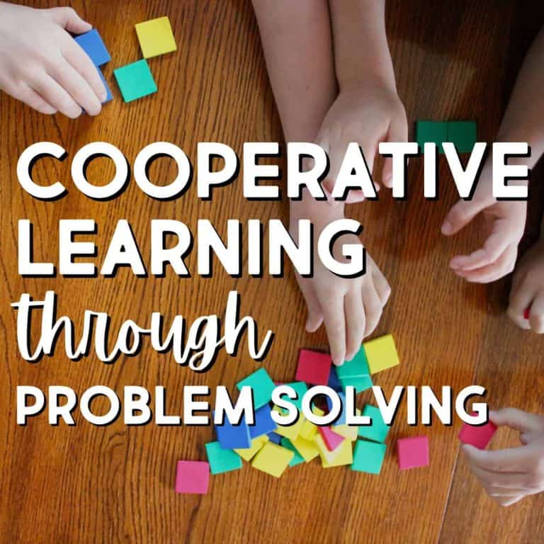 Several hands reach for colorful square blocks on a wooden table, illustrating Cooperative Learning through Problem Solving. The text over the image emphasizes the value of teamwork and creative thinking.