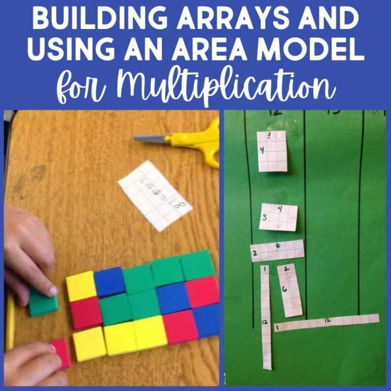 A student arranges colorful square blocks in a rectangular array on a desk, while a green chart demonstrates the Area Model in Multiplication with labeled numbers. Text above reads: Building Arrays and Using an Area Model for Multiplication.