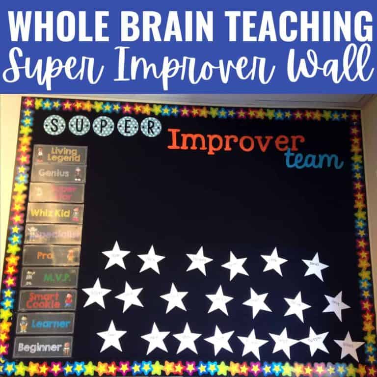 A classroom bulletin board titled Whole Brain Teaching Super Improver Wall features colorful stars around the border, levels on the left, and white paper stars in rows on a black background—perfect for displaying with FREE Whole Brain Teaching Super Improver Wall Cards.