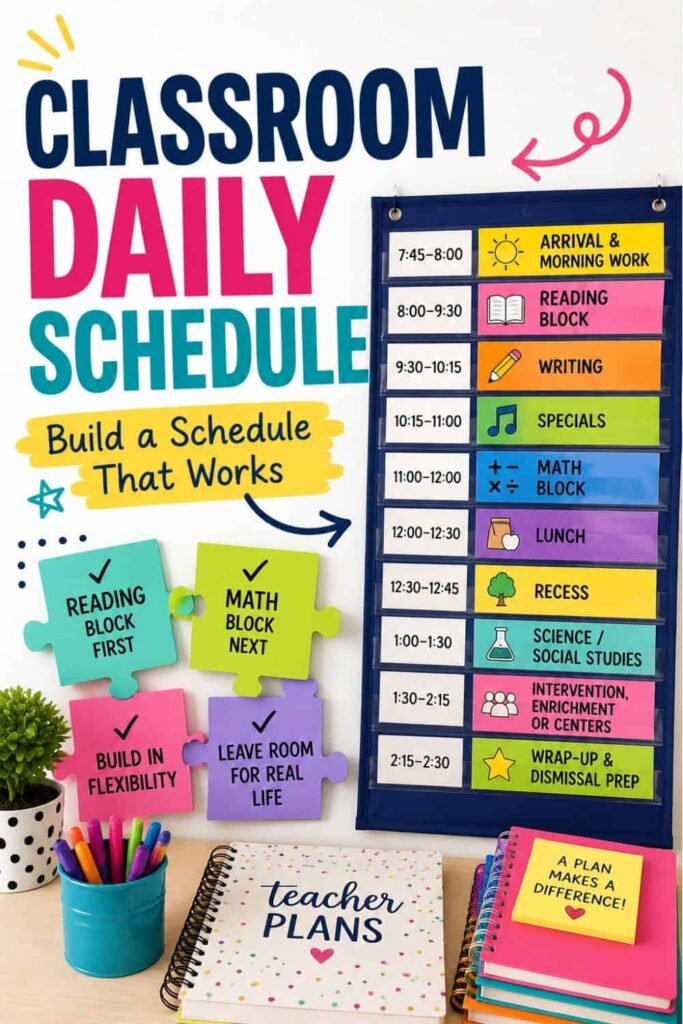 How to Create a Classroom Daily Schedule for Elementary Students 1 Create a Classroom Daily Schedule features colorful time blocks for activities like arrival, reading, writing, specials, lunch, and recess—plus flexibility notes, planning tips, and a Teacher Plans notebook to keep your classroom organized.