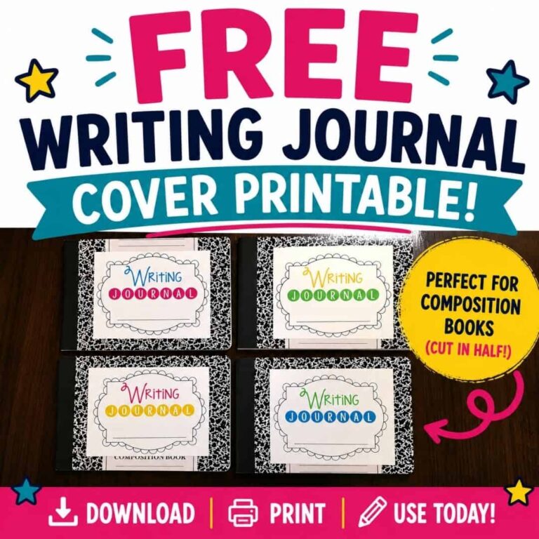 A vibrant ad showcases “Free Writing Journal Covers (2)_1” on four composition books. Text notes they're ideal for half-sized books, with icons to download, print, and use the cover immediately.