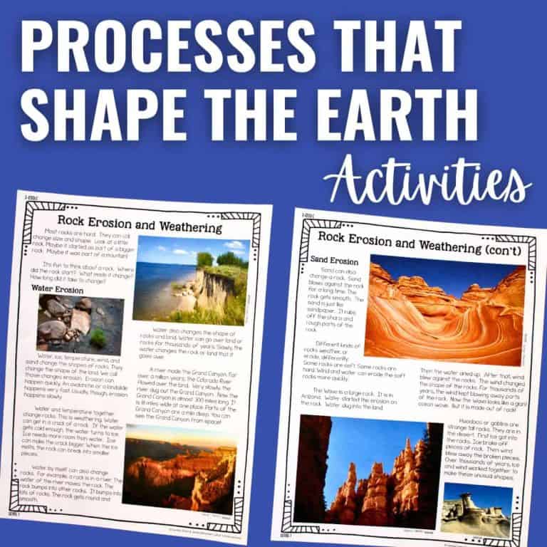 Two worksheet pages titled Rock Erosion and Weathering, featuring images of cliffs and rock formations, explore earth's systems under the heading Processes That Shape the Earth Activities on a blue background.