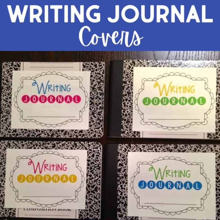 Four black-and-white composition notebooks with vibrant writing journal covers in various styles and colors, displayed on a table beneath a bold Writing Journal Covers title banner.