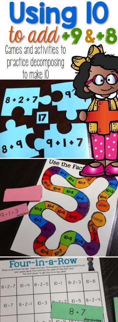 A collage of "Using 10" math activities for adding 9 and 8, featuring a puzzle, a vibrant board game, and a four-in-a-row worksheet, plus a cartoon girl on the side.