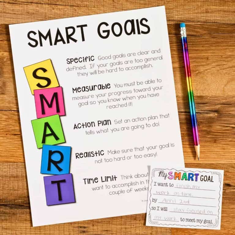 A worksheet titled SMART Goals, perfect for goal setting for elementary students, explains the acronym: Specific, Measurable, Action Plan, Realistic, and Time Limit. A decorated notecard and a colorful pencil sit on a wooden surface.