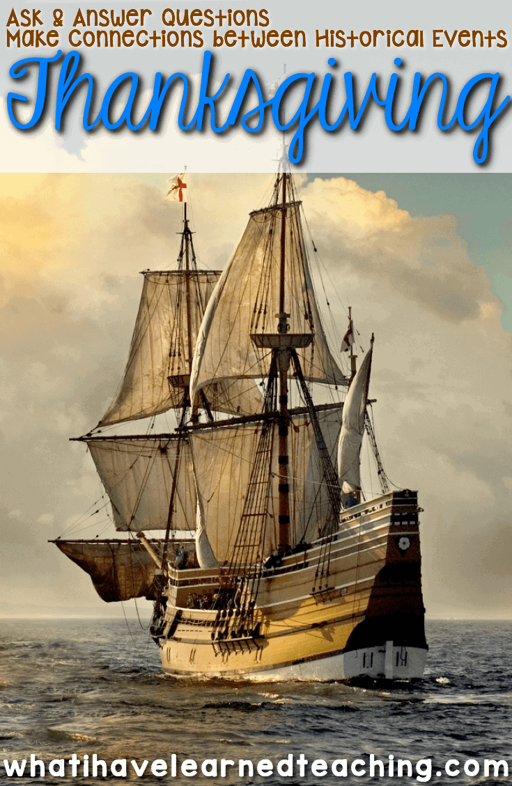 Teach the historical events leading up to the Thanksgiving holiday with this elementary social studies resource.  Through this unit students learn WHY the pilgrims celebrated the first Thanksgiving.  They learn to ask and answer questions and describe historical events. #socialstudies #secondgrade #thanksgivingunit #thanksgivingintheclassroom #secondgradesocialstudies #commoncorestandard #describeconnectionbetweenevents